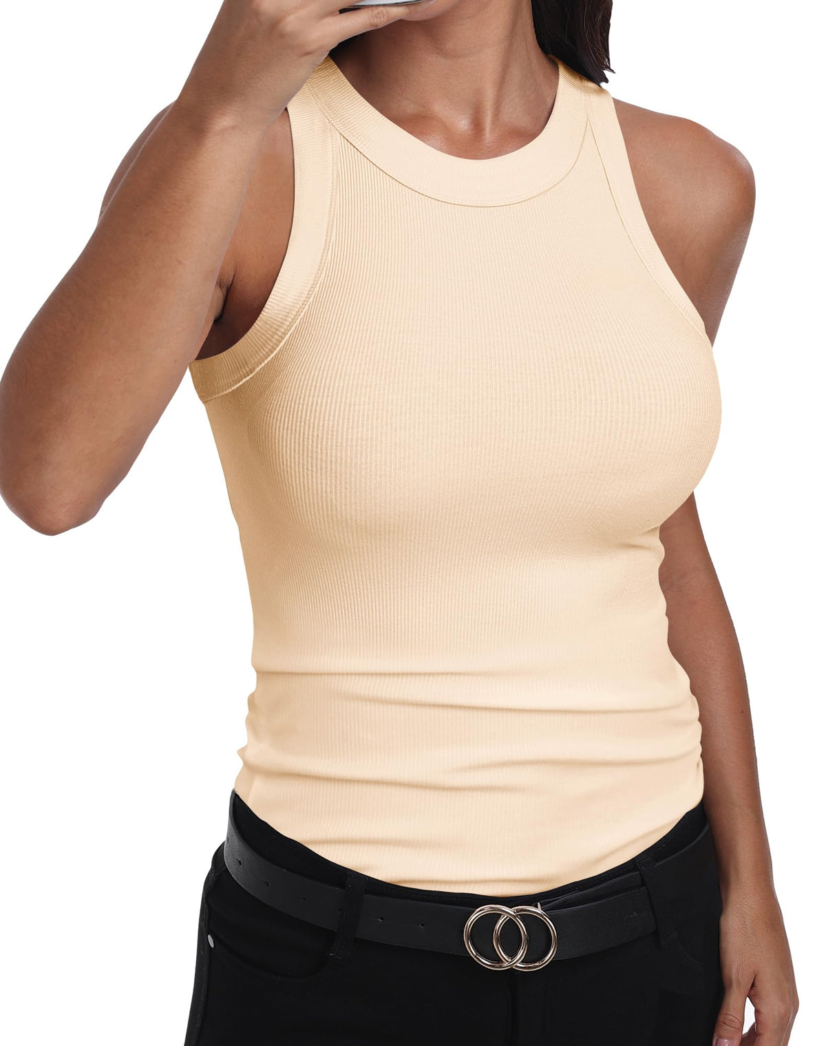 GEMBERA Womens Sleeveless Racerback High Neck Casual Basic Cotton Ribbed Fitted Tank Top