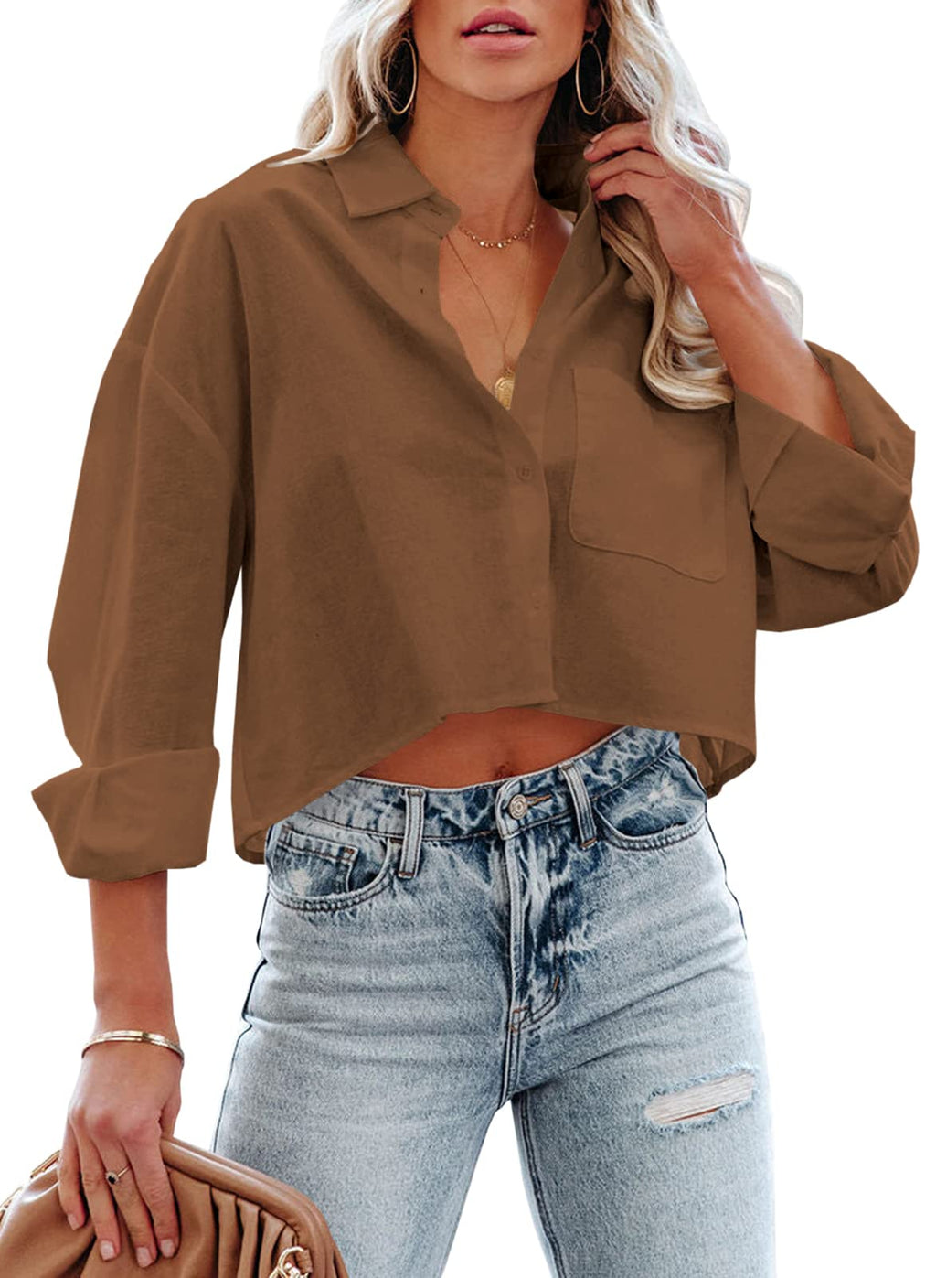 Tankaneo Womens Button Down Cropped Shirts Long Sleeve Crop Tops Blouses