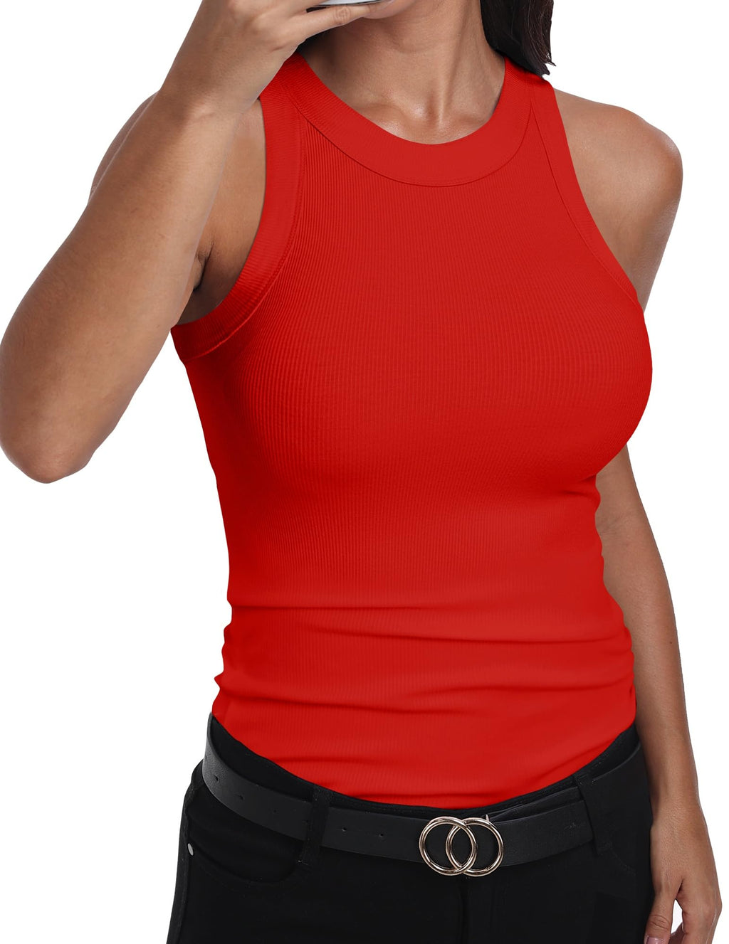 GEMBERA Womens Sleeveless Racerback High Neck Casual Basic Cotton Ribbed Fitted Tank Top