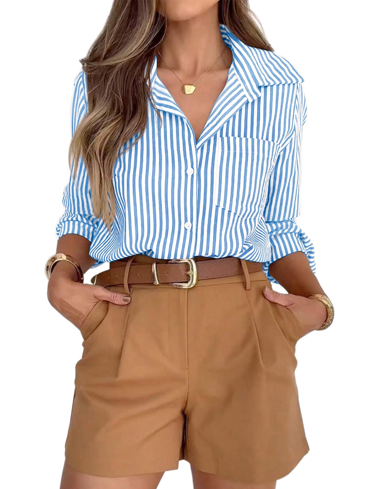 siliteelon Button Down Striped Shirts for Women Work Collared Dress Blouses