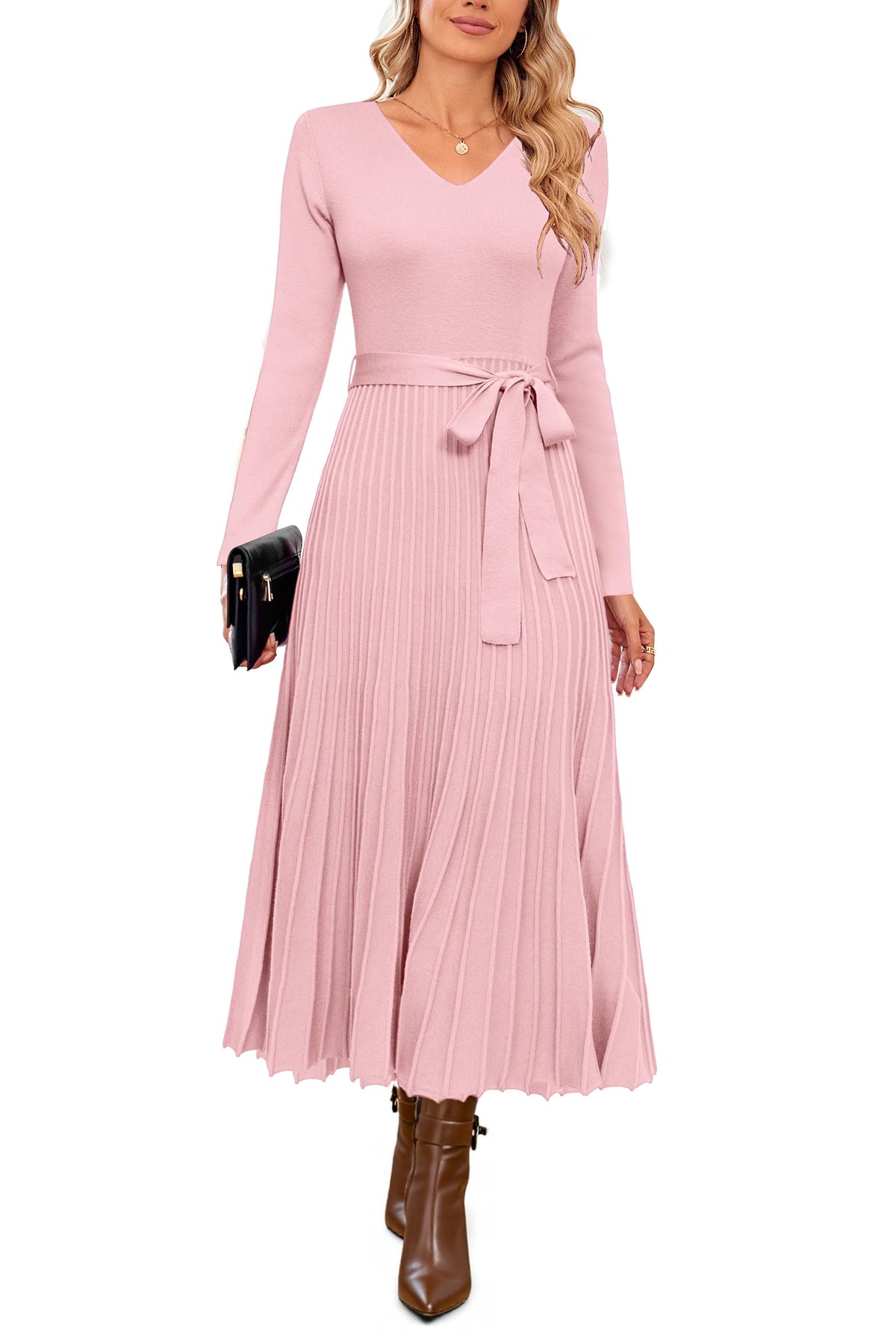 Arach&Cloz Women's Wool Blend Fall Long Sleeve Midi Sweater Dress