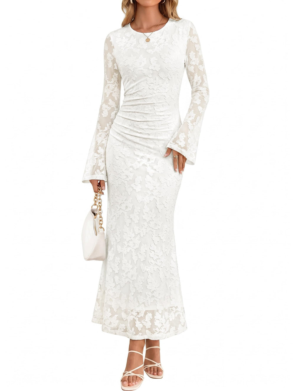 ZESICA Womens Long Sleeve Floral Fall Bodycon Ruched Mesh Maxi Formal Dress