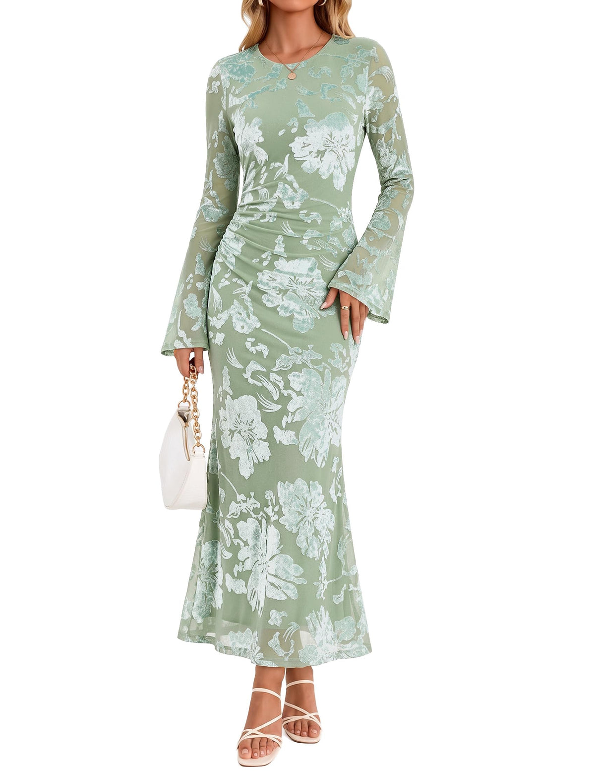 ZESICA Womens Long Sleeve Floral Fall Bodycon Ruched Mesh Maxi Formal Dress