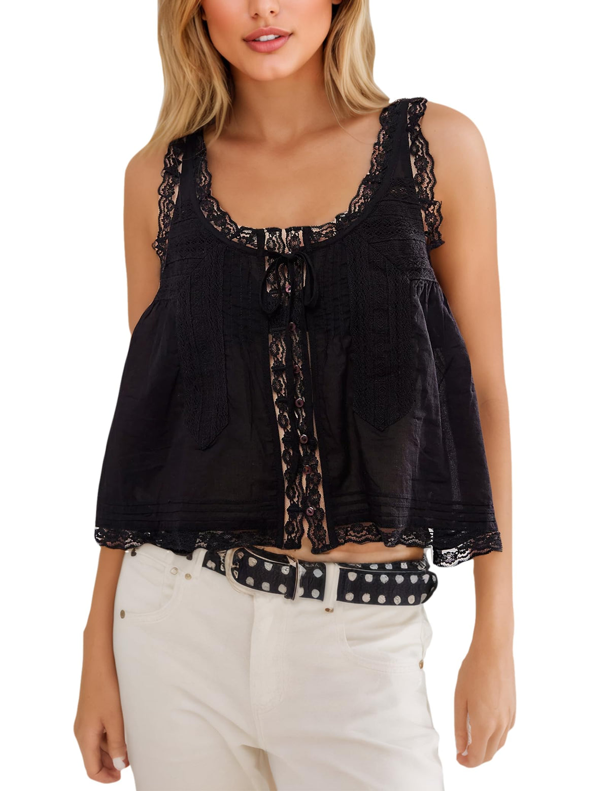 Women Summer Boho Lace Tie Front Tank Beach Vacation Top Button Down Sleeveless Cardigan Crop Y2k Tops Clothes 2026