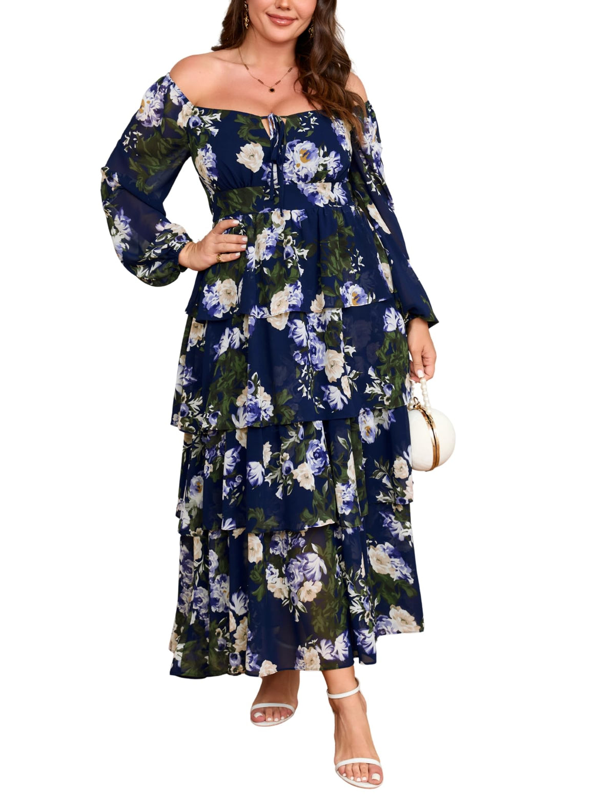 EYWOL Plus Size Long Sleeve Floral Tiered Semi Formal Wedding Guest Dress