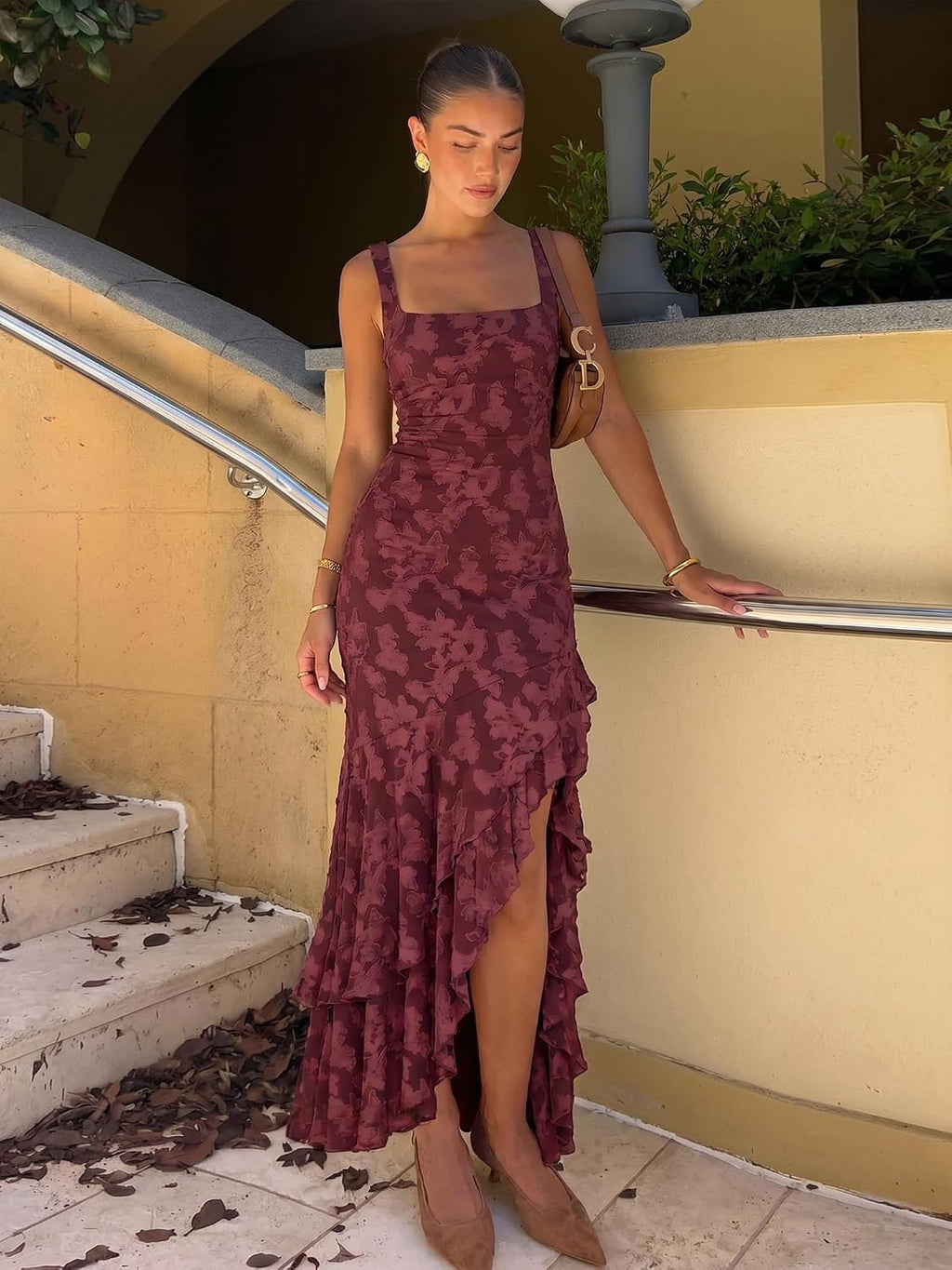 BORIFLORS Women's Elegant Ruched Floral Maxi Wedding Guest Dress