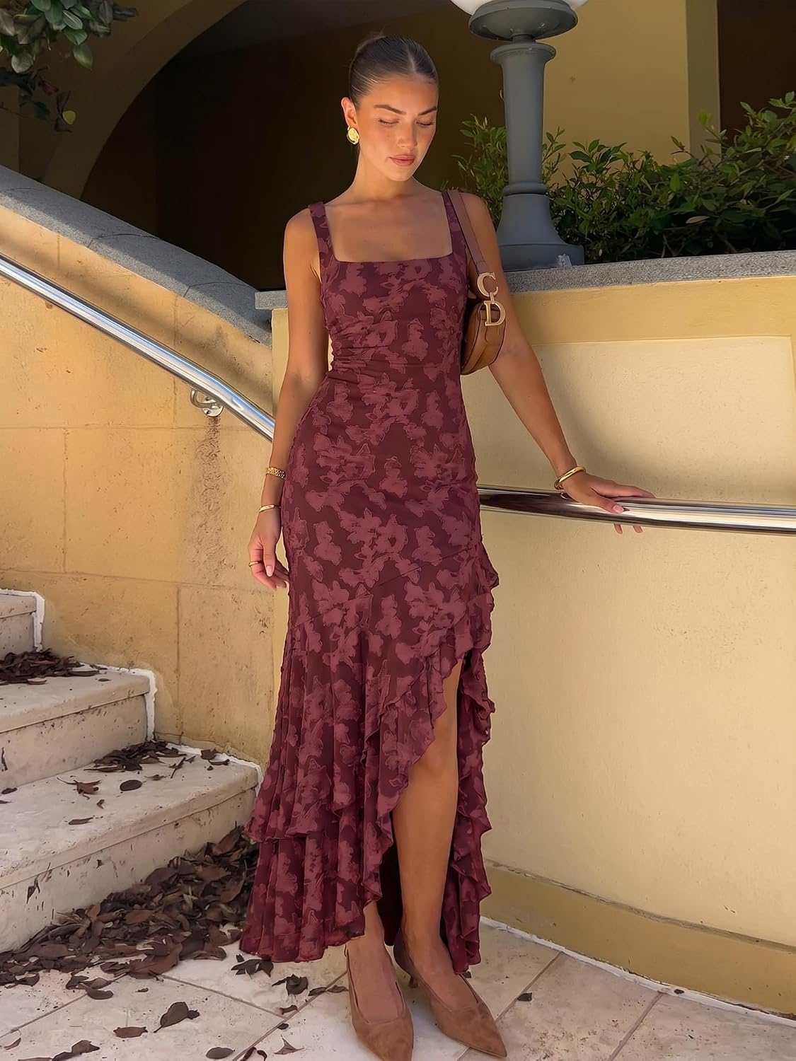 BORIFLORS Women's Elegant Ruched Floral Maxi Wedding Guest Dress
