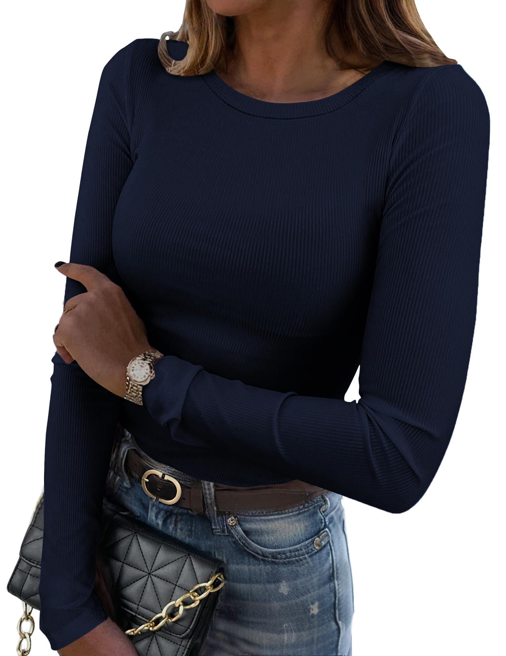 Zeagoo Women Long Sleeve Shirts Ribbed Slim Fit Tops Crewneck Basic Tee