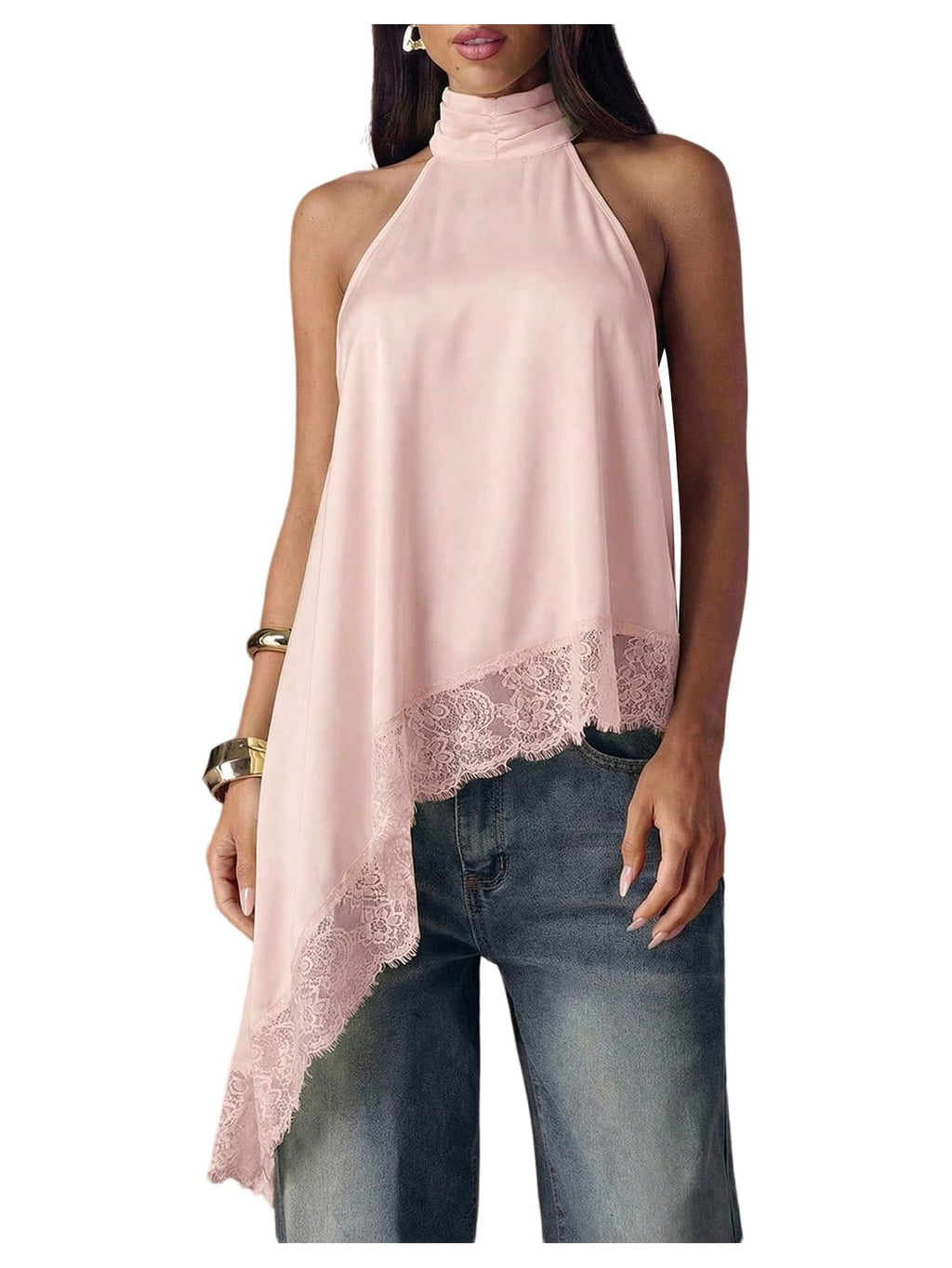 Milumia Women's Halter Neck Top Lace Asymmetrical Hem Going Out Tank Tops