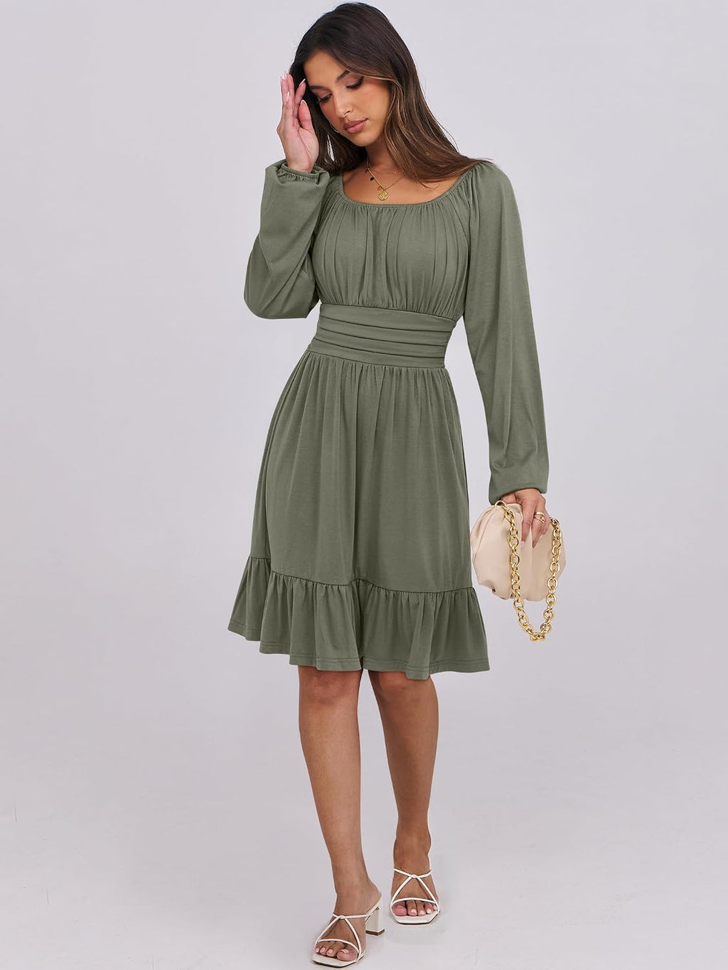 ANRABESS Women Long Lantern Sleeve Square Neck Fall Short Dress