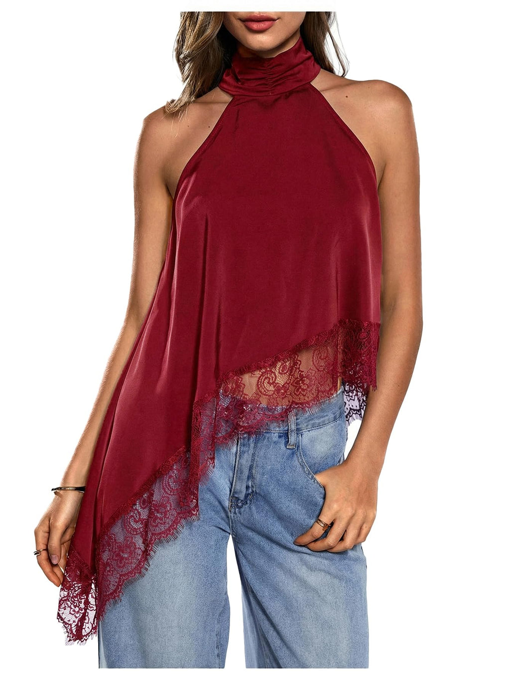 Milumia Women's Halter Neck Top Lace Asymmetrical Hem Going Out Tank Tops