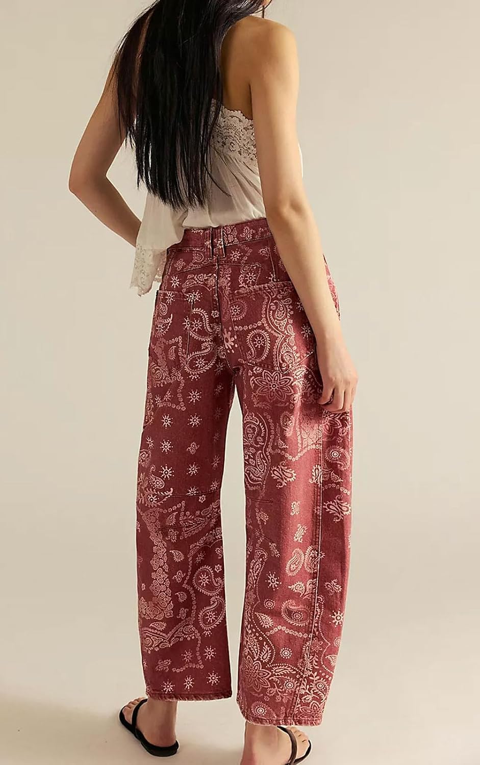 loveimgs Women Boyfriend Baggy Barrel Jeans Floral Print Denim Ankle Pants Wide Leg Mid Rise Jeans Sweatpants Y2k Patchwork