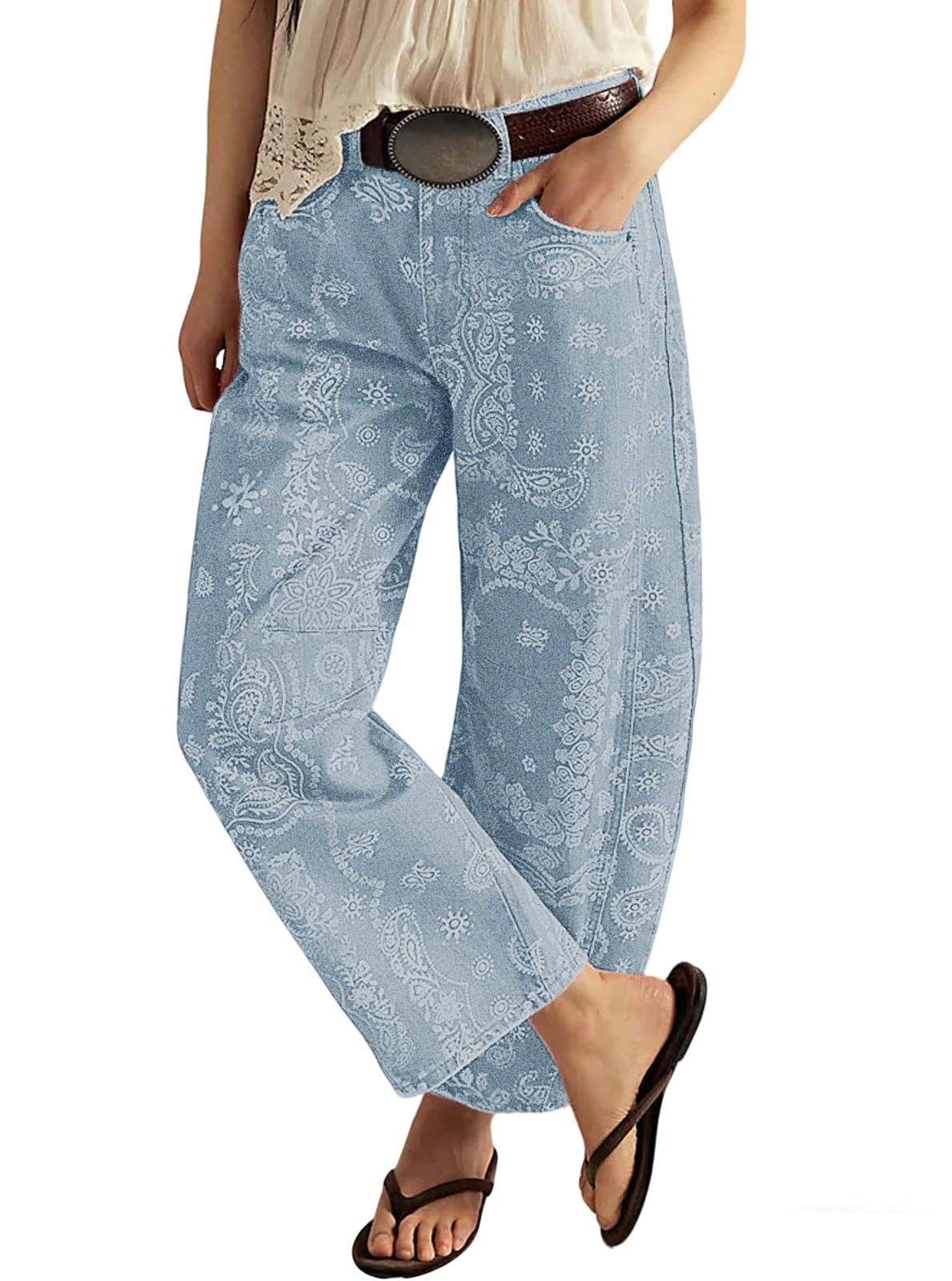 loveimgs Women Boyfriend Baggy Barrel Jeans Floral Print Denim Ankle Pants Wide Leg Mid Rise Jeans Sweatpants Y2k Patchwork