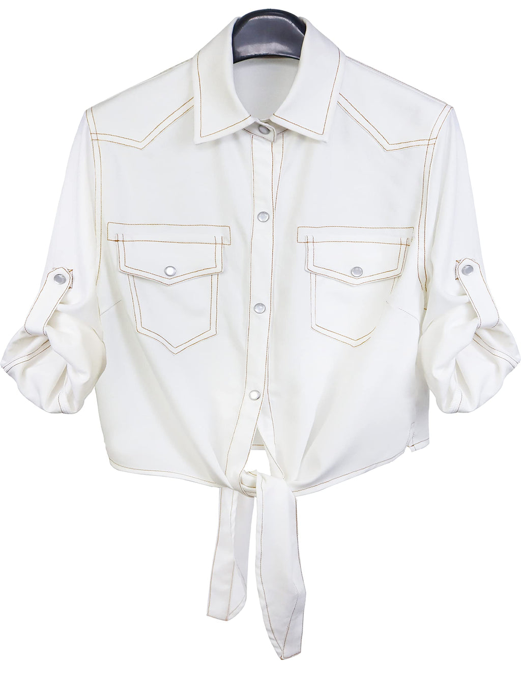Women's Denim Shirt Roll Up 3/4 Sleeve Tie Front Knot Chambray Crop Top