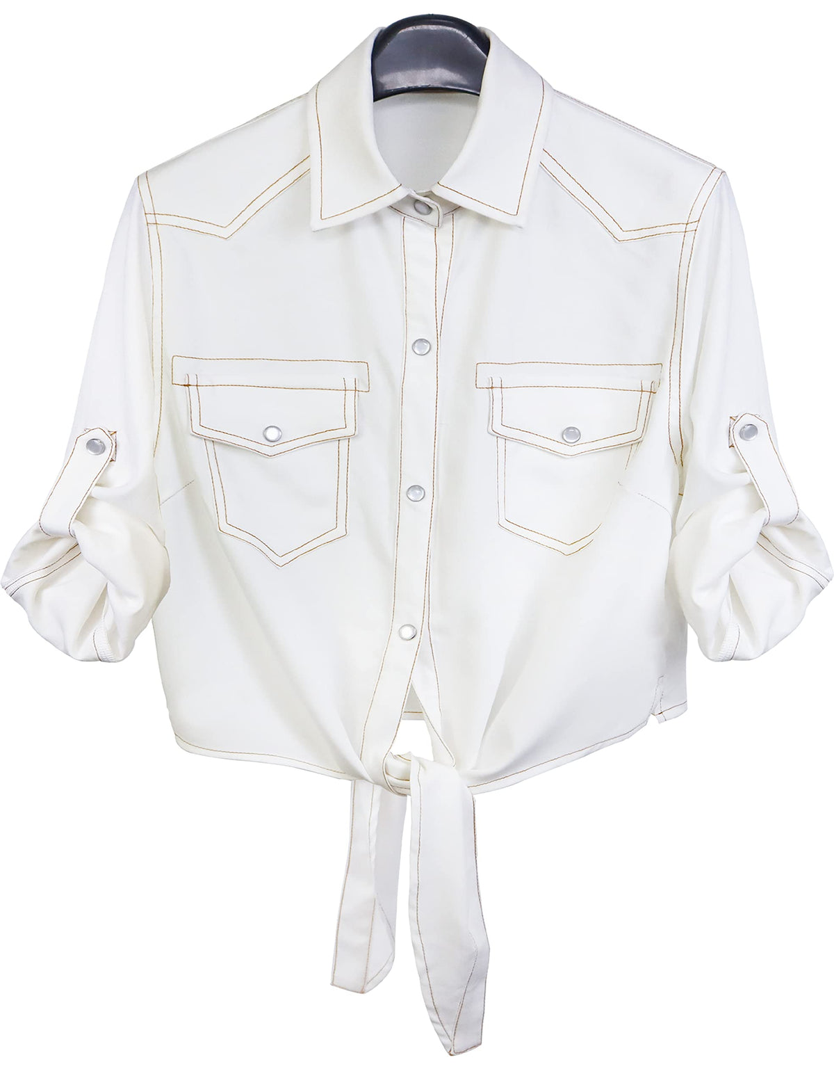Women's Denim Shirt Roll Up 3/4 Sleeve Tie Front Knot Chambray Crop Top