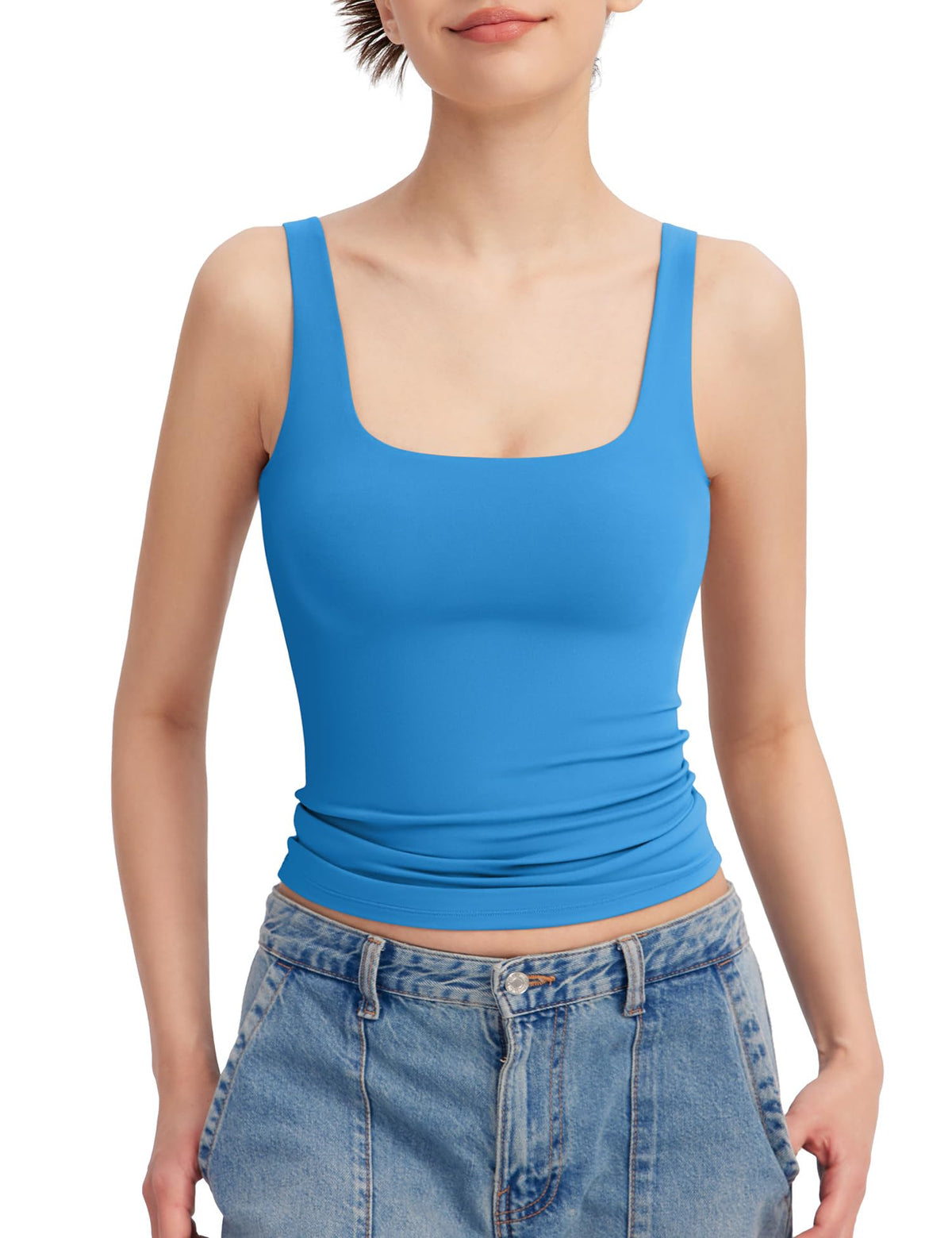 PUMIEY Women's Square Neck Tank Top Sleeveless Double Lined Basic Tops Sharp Collection