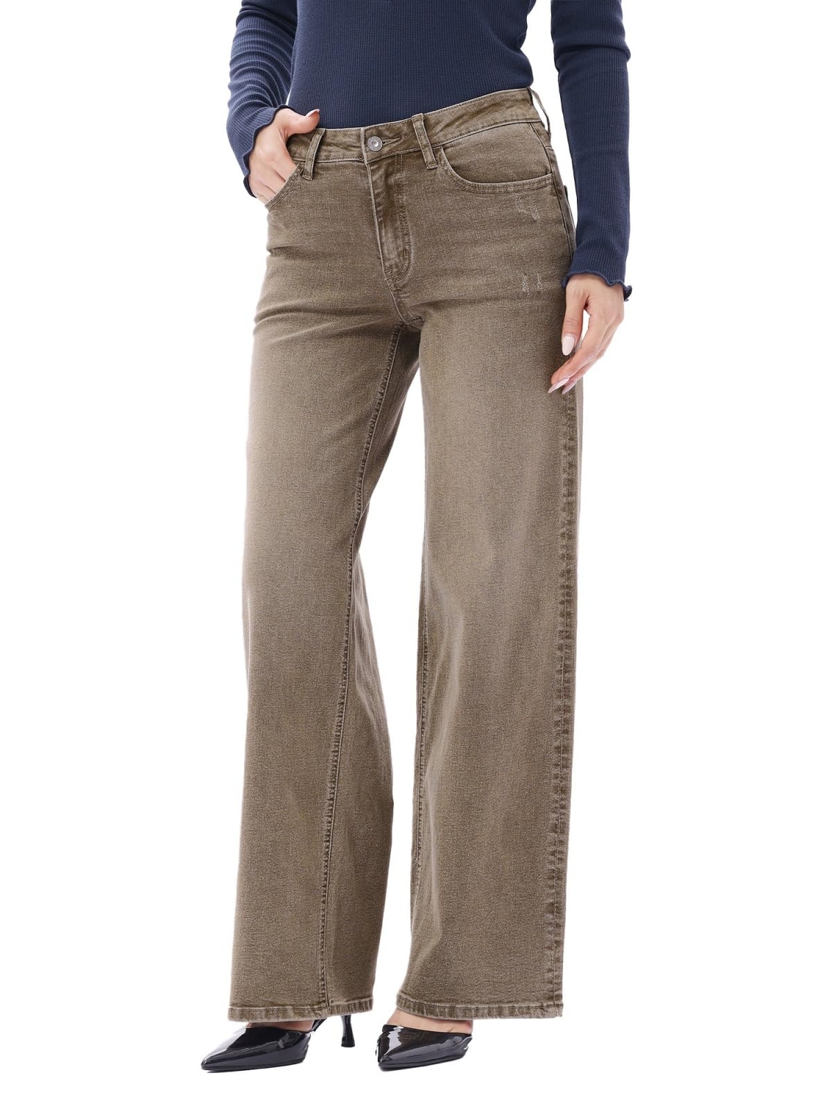 ONESO Wide Leg Jeans for Women Mid Low Rise Baggy Stretchy Denim Pants