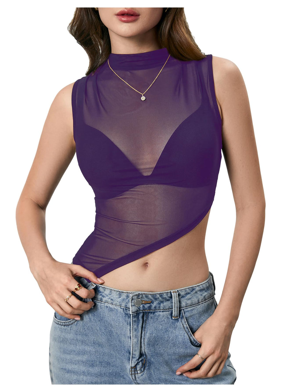 RoseSeek Women's Sheer Mesh Mock Neck Crop Tank Tops Summer Going Out Tops