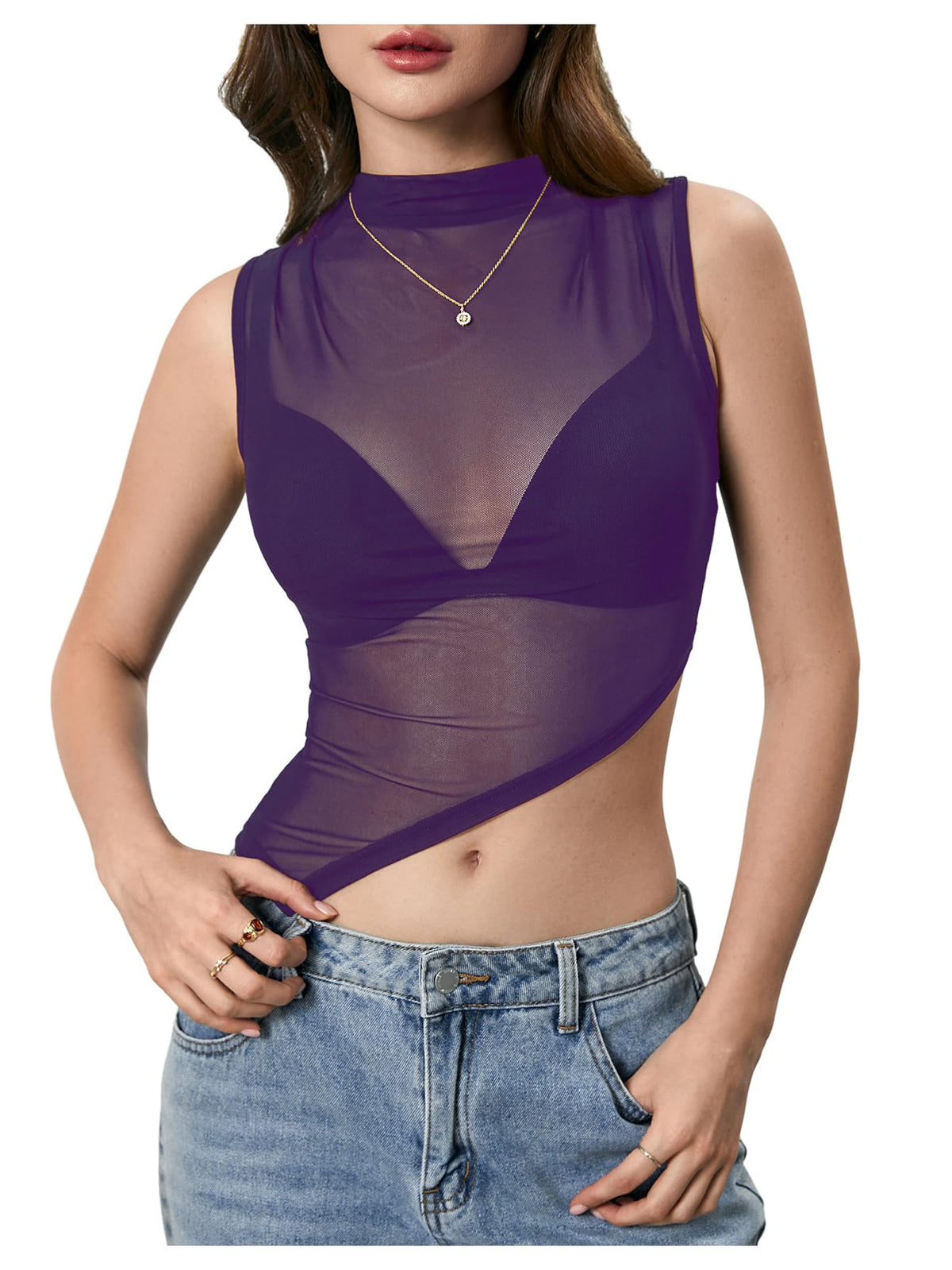 RoseSeek Women's Sheer Mesh Mock Neck Crop Tank Tops Summer Going Out Tops