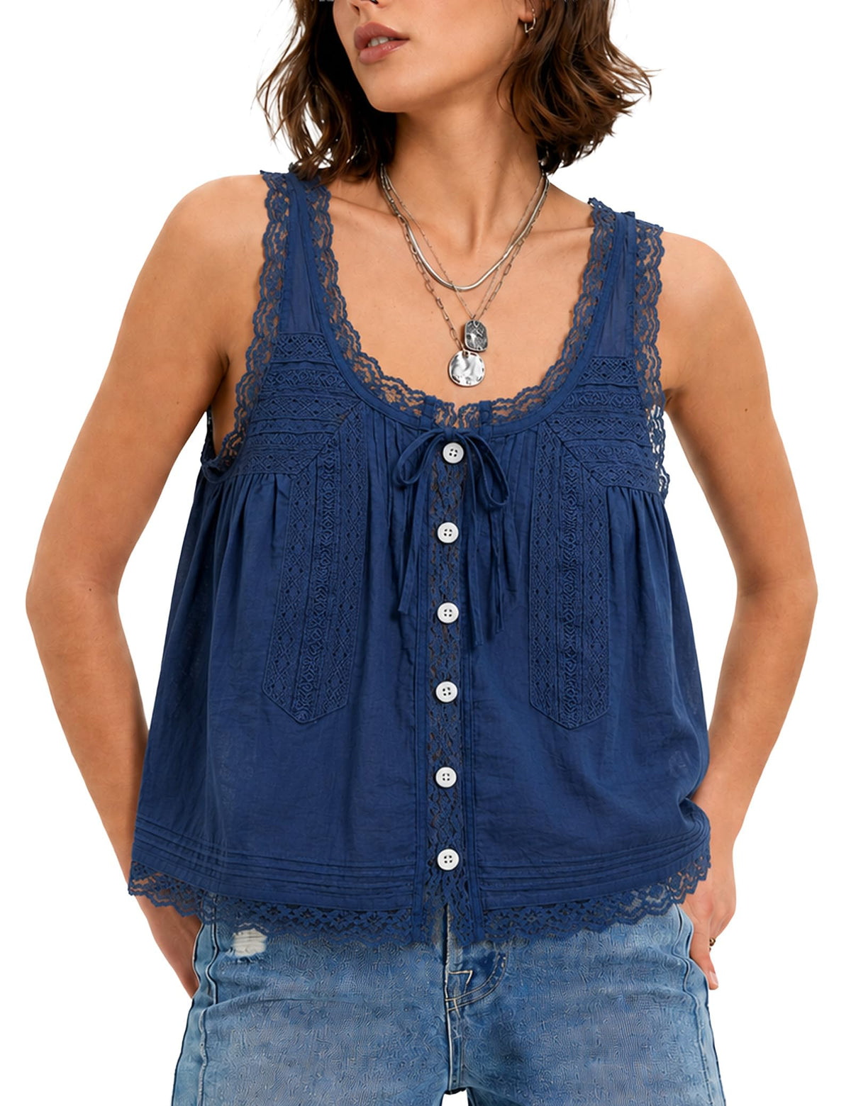 Women Summer Boho Lace Tie Front Tank Beach Vacation Top Button Down Sleeveless Cardigan Crop Y2k Tops Clothes 2026