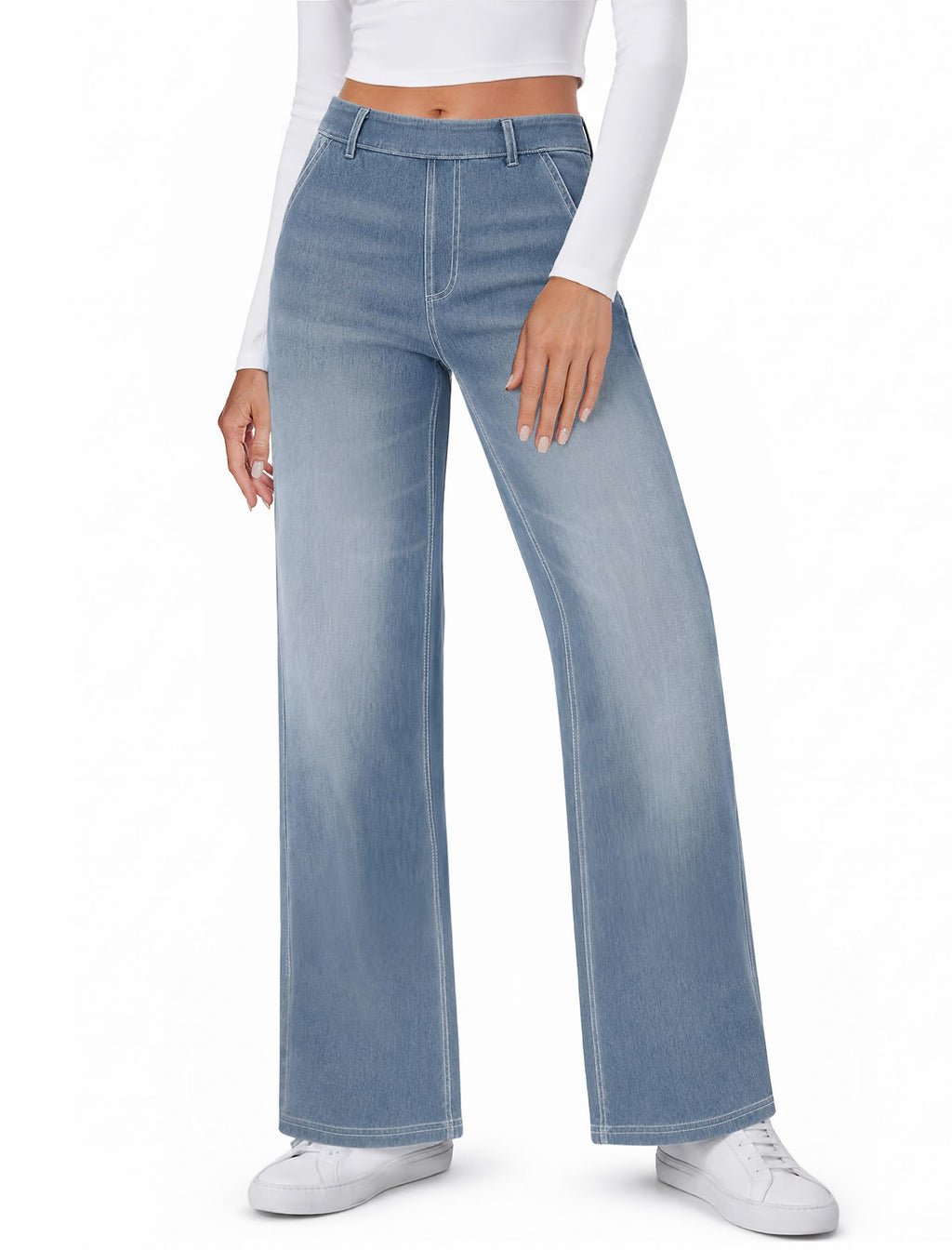 DLOODA Womens Jeans Stretchy Wide Leg High Waist Pull On Sweatpants Jeans