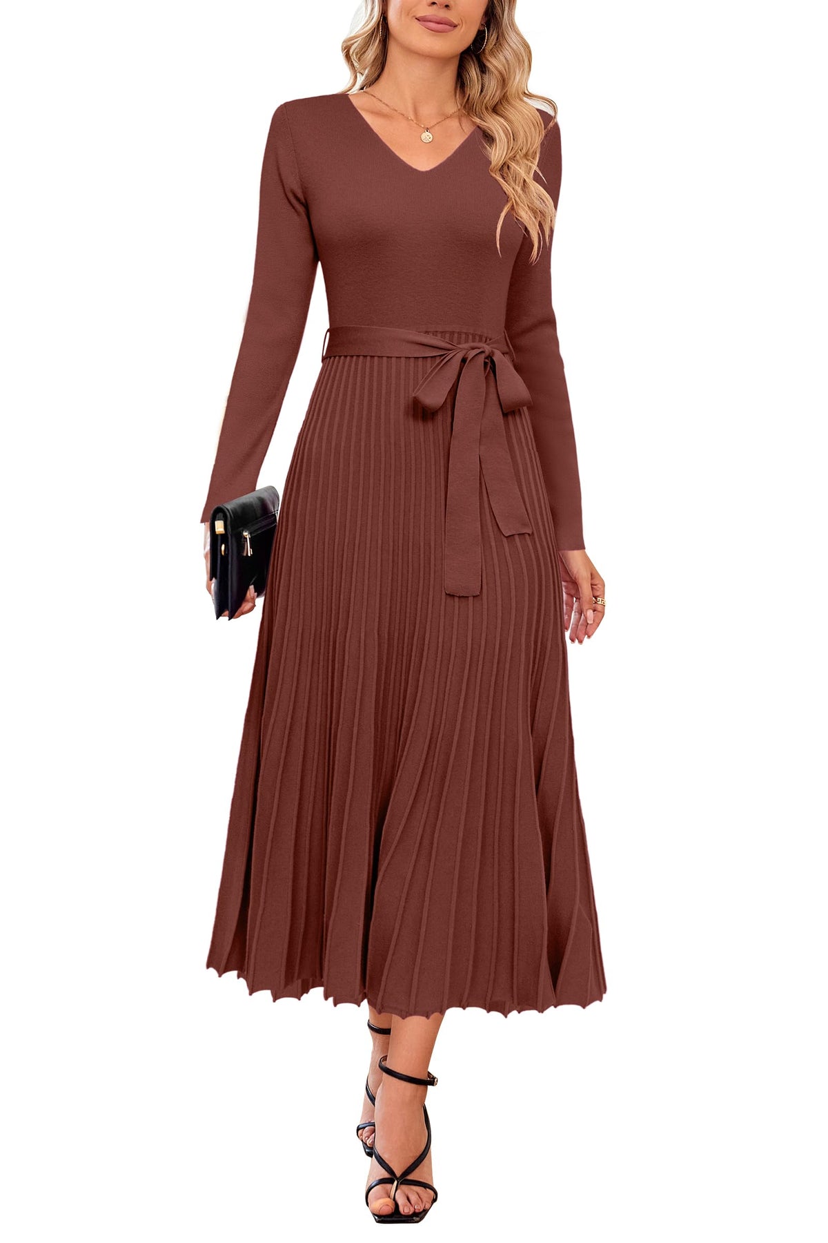 Arach&Cloz Women's Wool Blend Fall Long Sleeve Midi Sweater Dress
