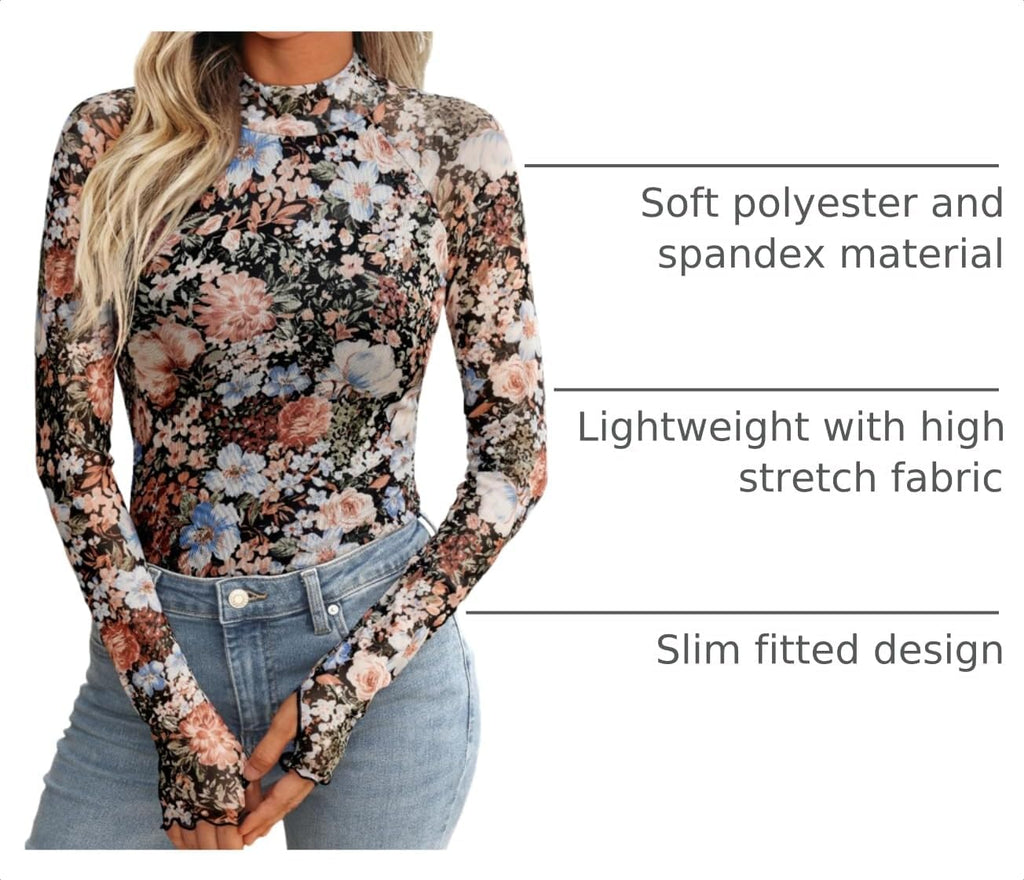 Dealmore Womens Lace Sheer Floral Mesh Mock Neck Tops