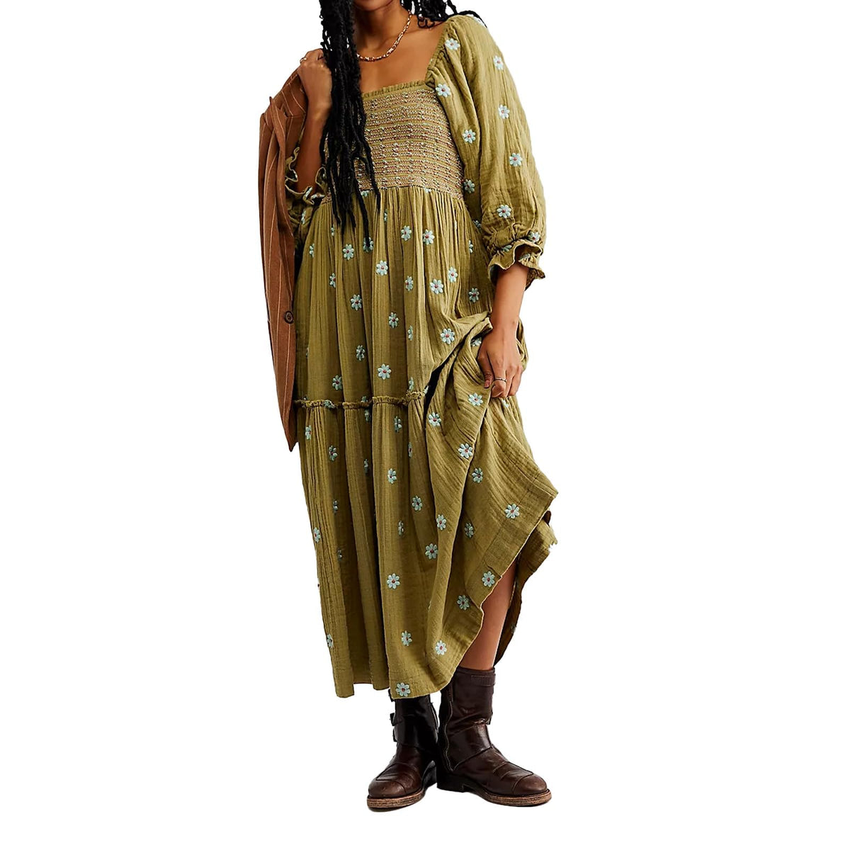 ABYOVRT Women Floral Embroidered Maxi Dress Long Puff Sleeve Square Neck Bohemian Flowy Dress with Pockets Summer Fall