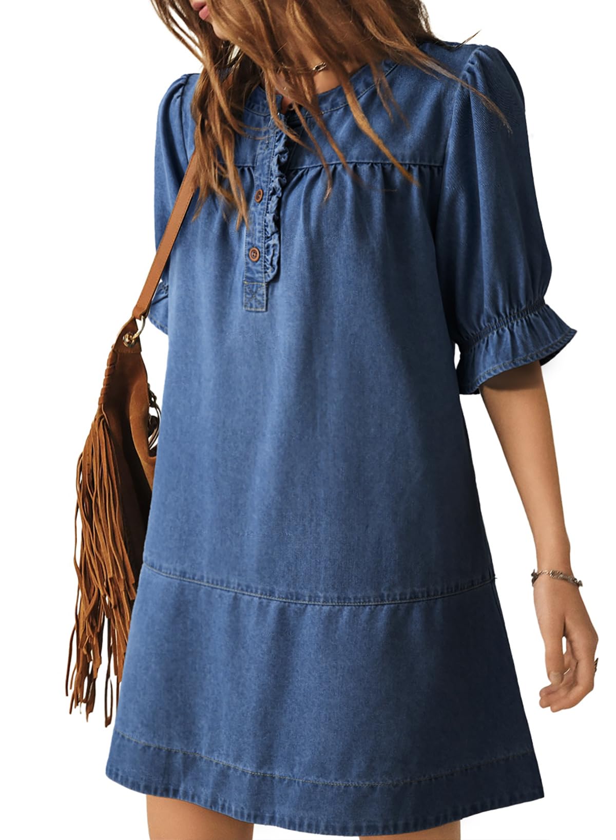 Dokotoo Women's Denim Dress Ruffle Short Sleeve Button Cowgirl Jean Dress