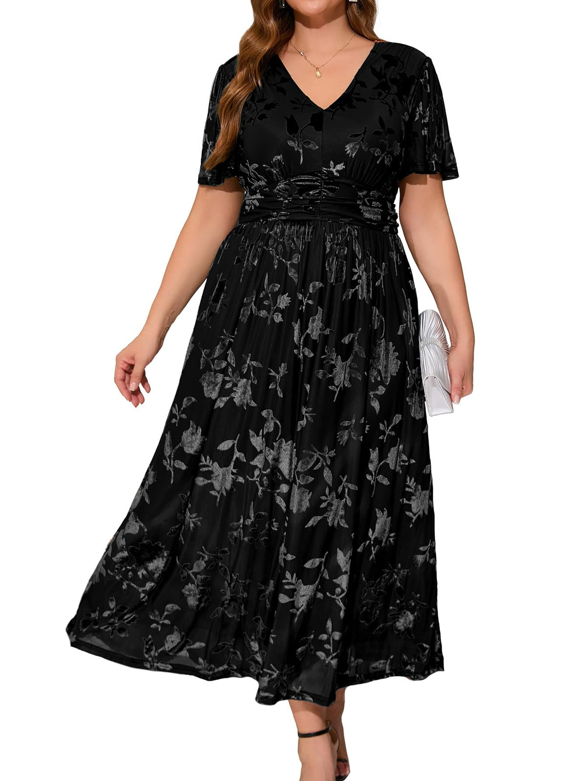 Simplee Women’s V Neck Velvet Maxi Dress Short Sleeve Empire Waist Long Formal Dress for Wedding Guest