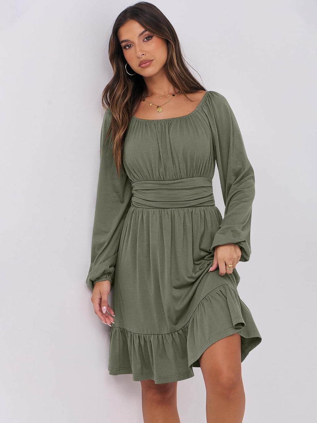 ANRABESS Women Long Lantern Sleeve Square Neck Fall Short Dress