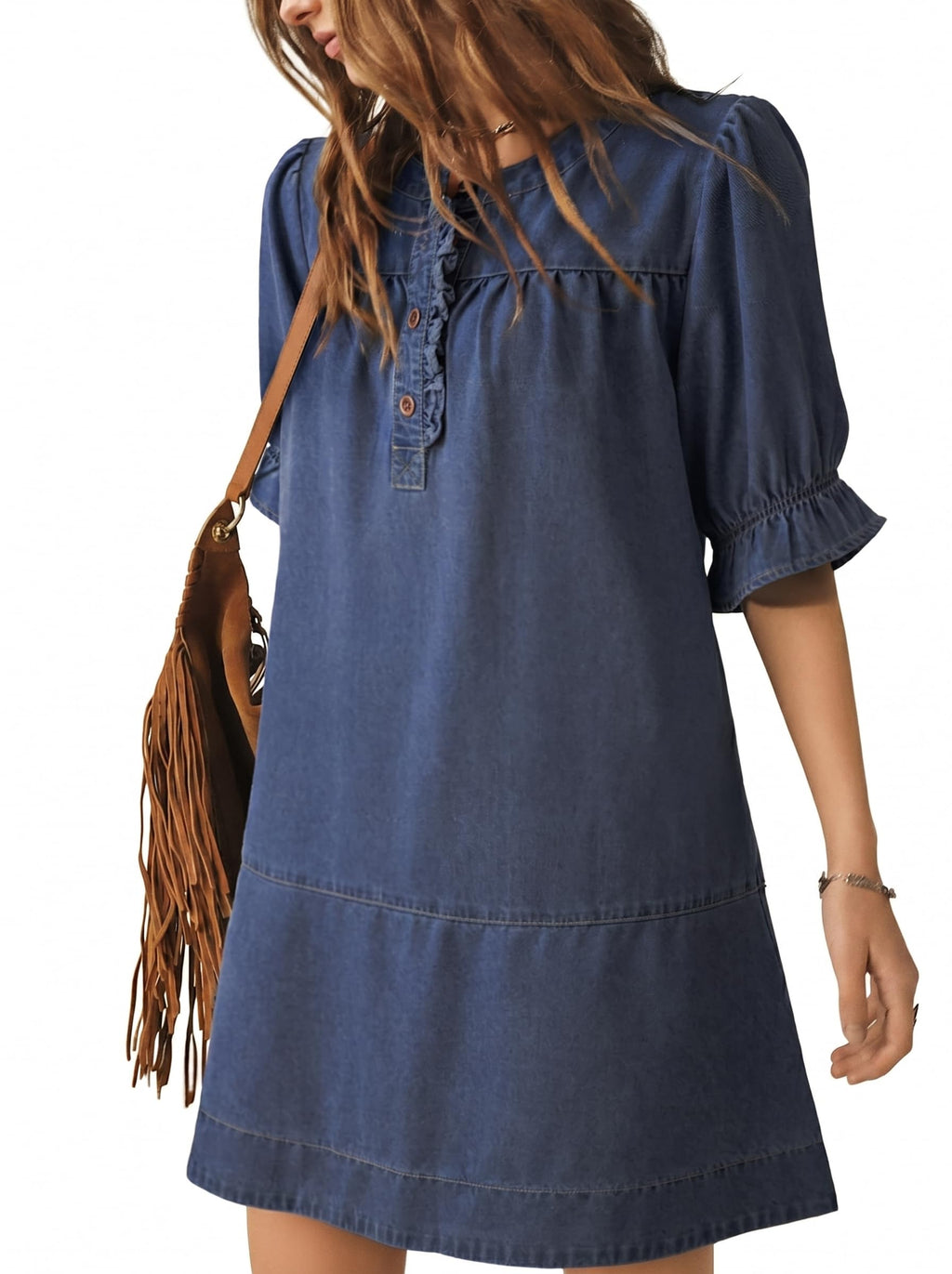 Dokotoo Women's Denim Dress Ruffle Short Sleeve Button Cowgirl Jean Dress