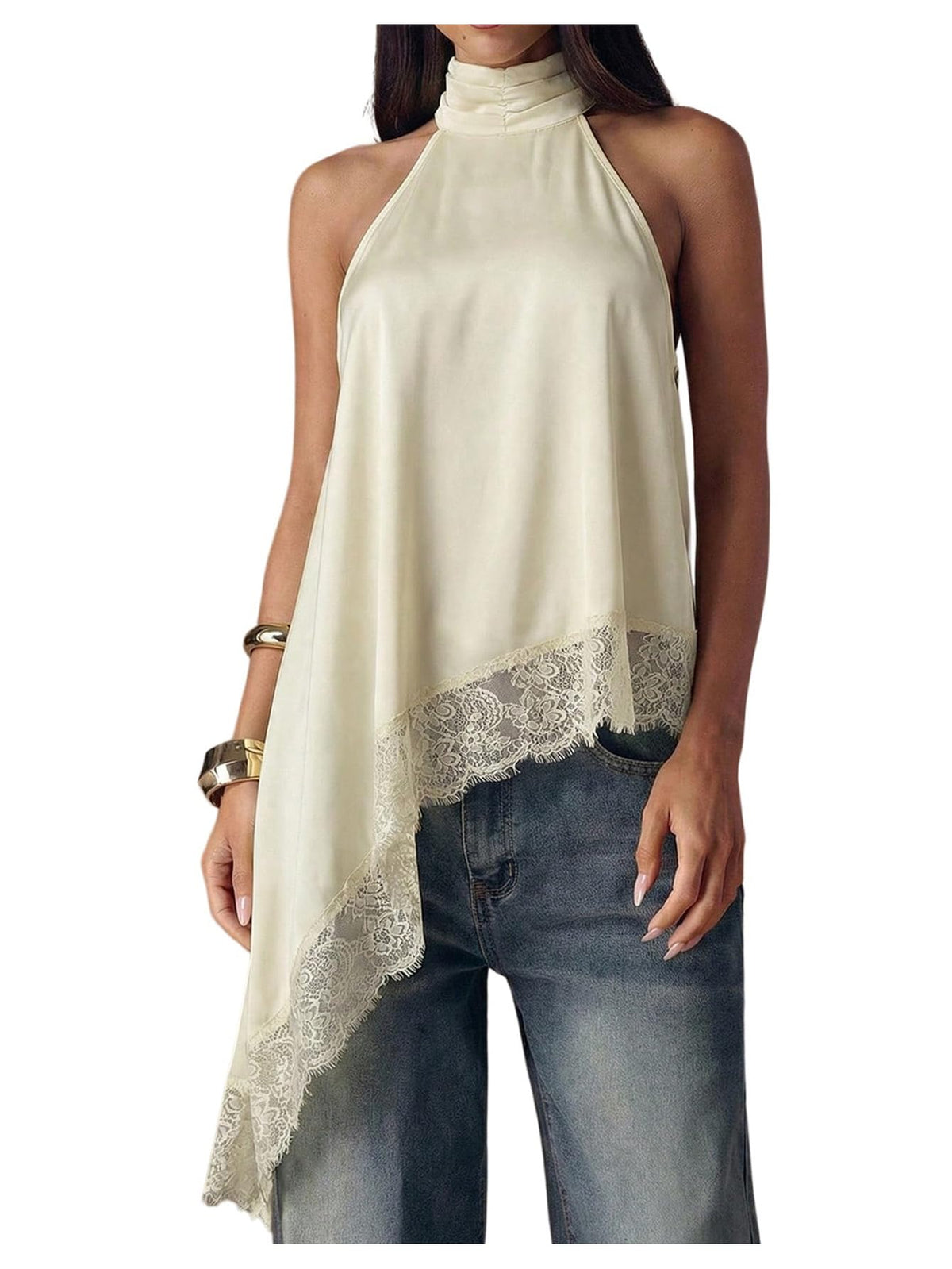 Milumia Women's Halter Neck Top Lace Asymmetrical Hem Going Out Tank Tops