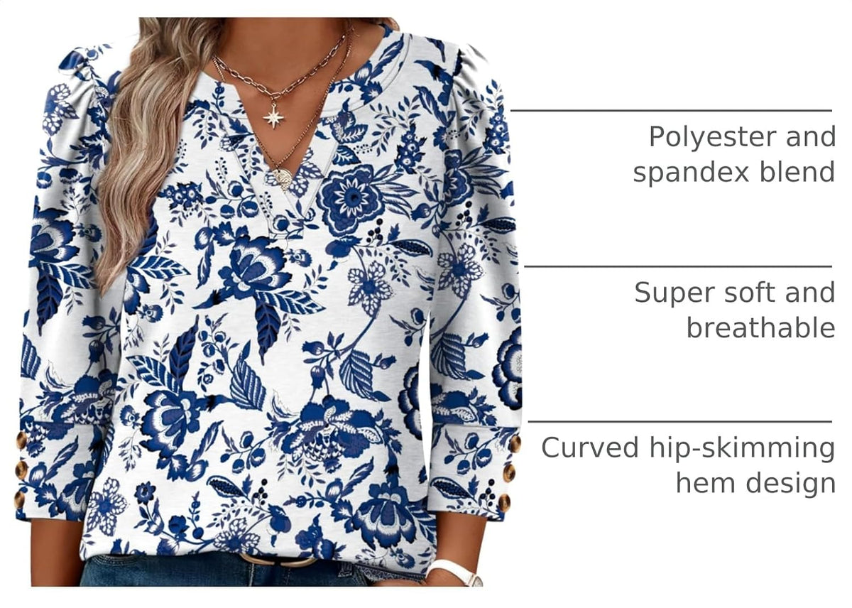 WIHOLL 3/4 Length Sleeve Womens Tops with Button Cuffs Dressy Casual V Neck Summer Outfits Early Fall Fashion Spring Clothes