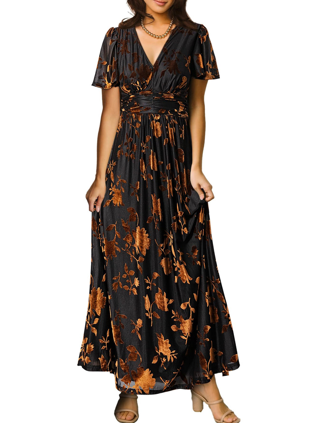Simplee Women’s V Neck Velvet Maxi Dress Short Sleeve Empire Waist Long Formal Dress for Wedding Guest
