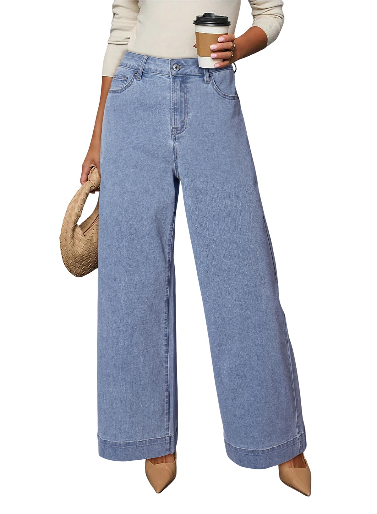 Dokotoo Women's Casual High Waisted Jeans Stretch Wide Leg Loose Denim Pant