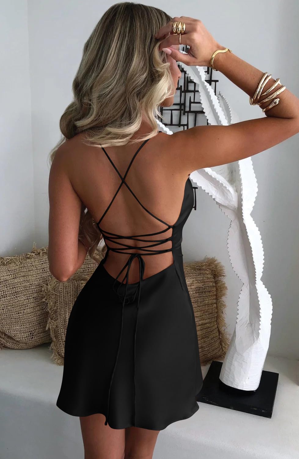 BEAGIMEG Women's Satin Square Neckline Mini Dress Backless Lace-Up Sleeveless Cocktail Party Dress