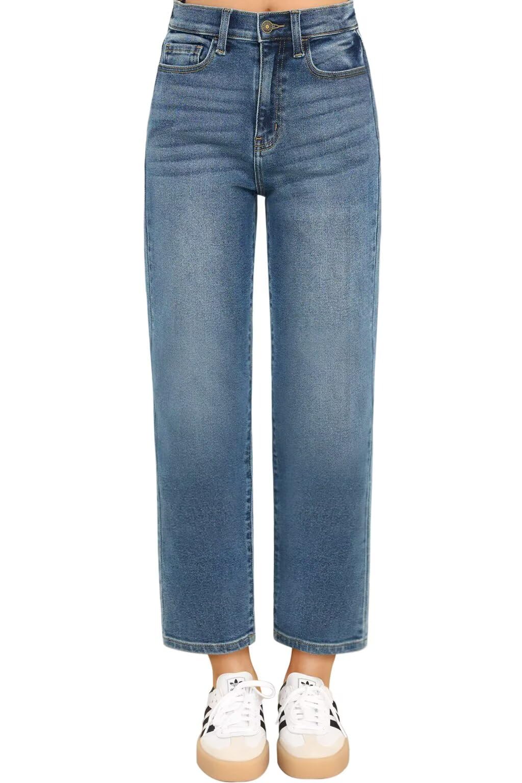 KDF Women's Cropped Straight Leg Jeans - High Waisted Jeans for Women 7/8 Length Denim Pants with Crop Hem