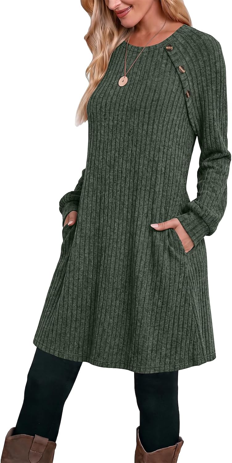 OFEEFAN Fall Dresses for Women 2026 Long Sleeve Dress with Pockets