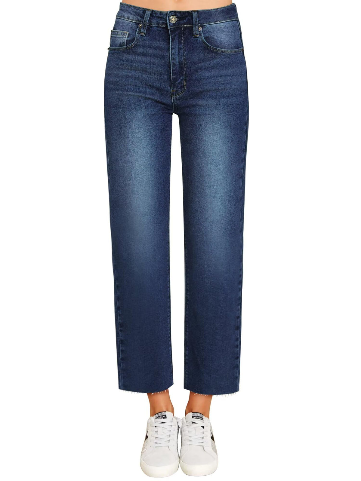 KDF Women's Cropped Straight Leg Jeans - High Waisted Jeans for Women 7/8 Length Denim Pants with Crop Hem