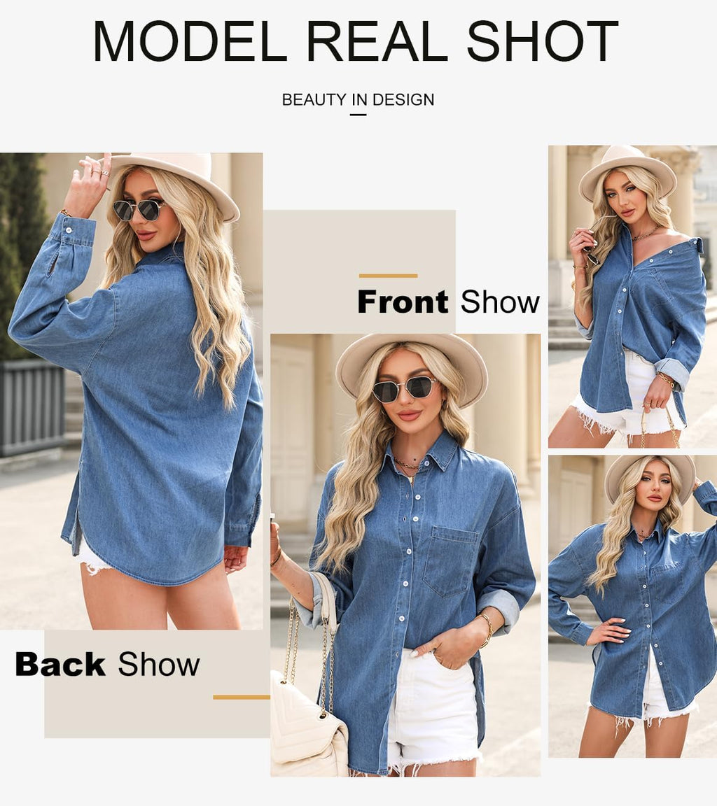 Astylish Women Denim Shirts Button Down Blouse Tops