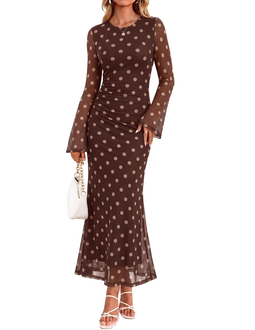 ZESICA Womens Long Sleeve Floral Fall Bodycon Ruched Mesh Maxi Formal Dress