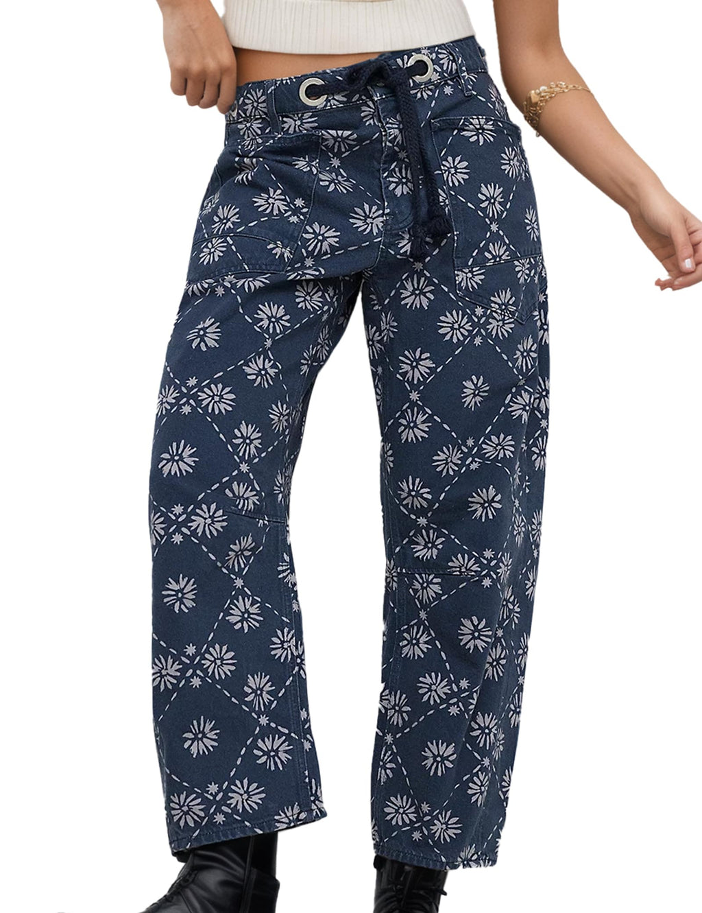 Mewunan Womens Pull-On Barrel Jeans Mid-Low Rise Boyfriend Drawstring Ankle Baggy Elastic Waist Stretchy Boho Denim Pants