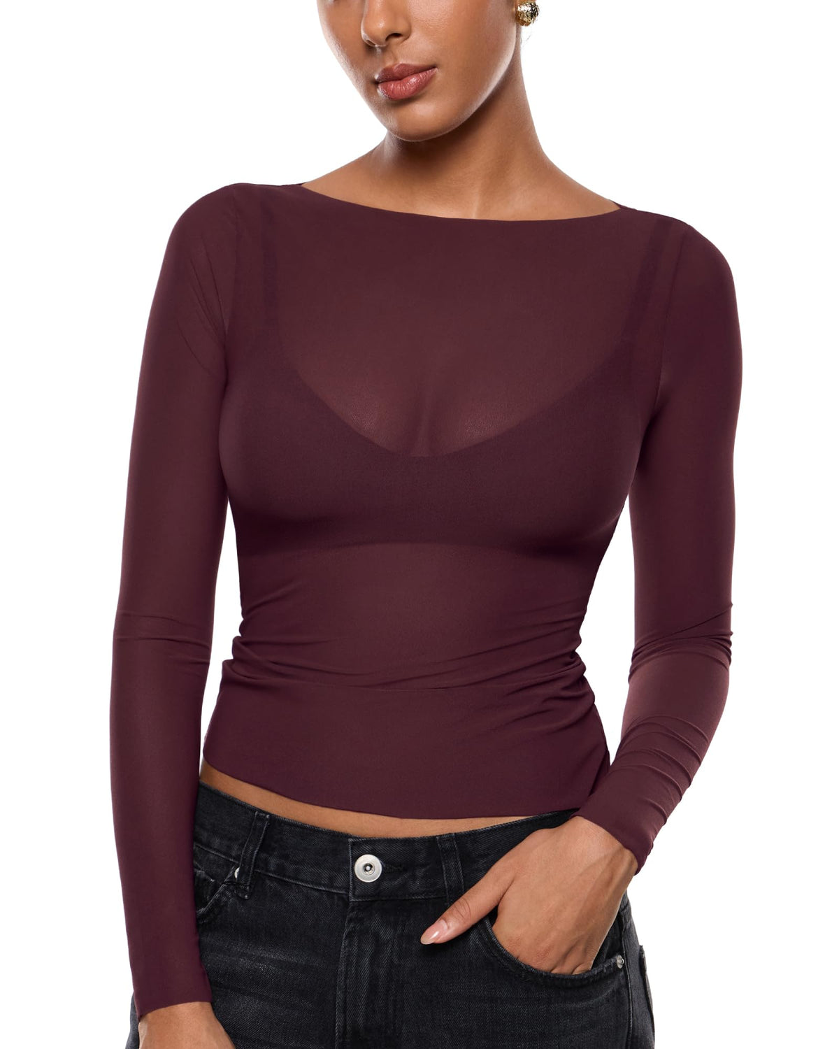 INLYRIC Women's Mesh Sheer Boat Neck Long Sleeve Tops