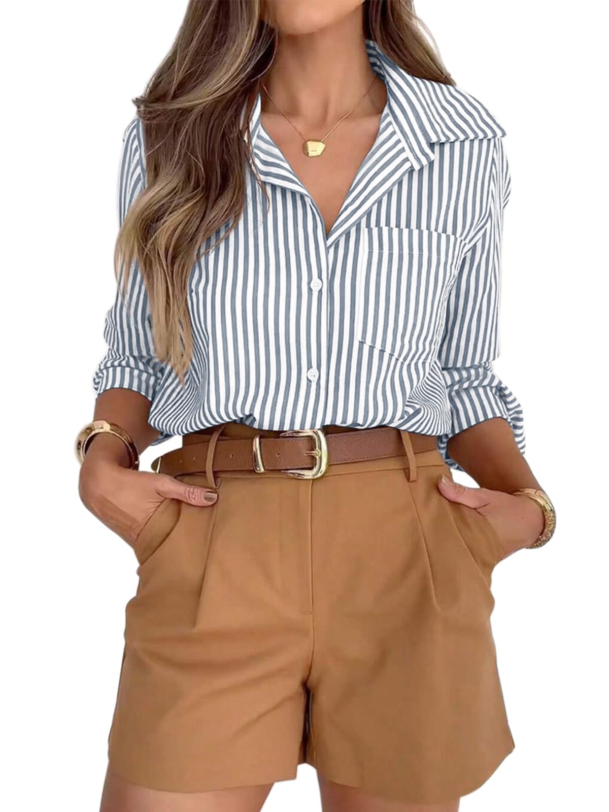 siliteelon Button Down Striped Shirts for Women Work Collared Dress Blouses