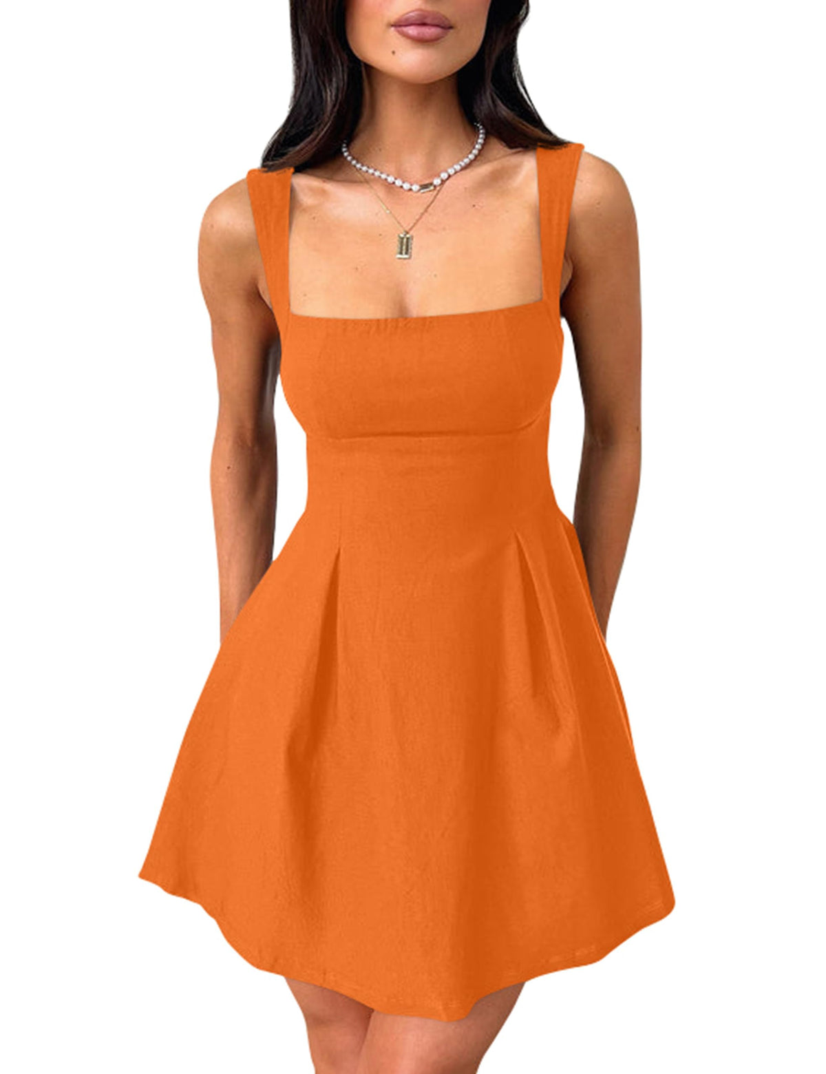 YMDUCH Women's Sleeveless Square Neck Bow Tie A-line Mini Dress