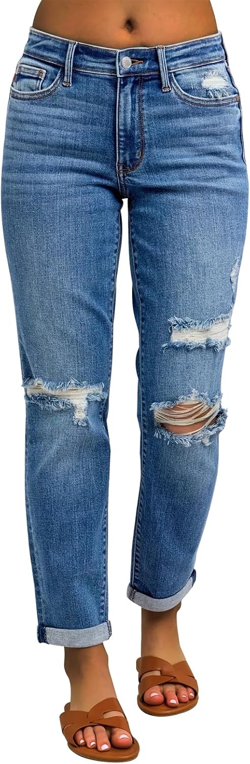 KUNMI Women's Ripped Mid Waisted Boyfriend Jeans Loose Fit Distressed Stretchy Denim Pants