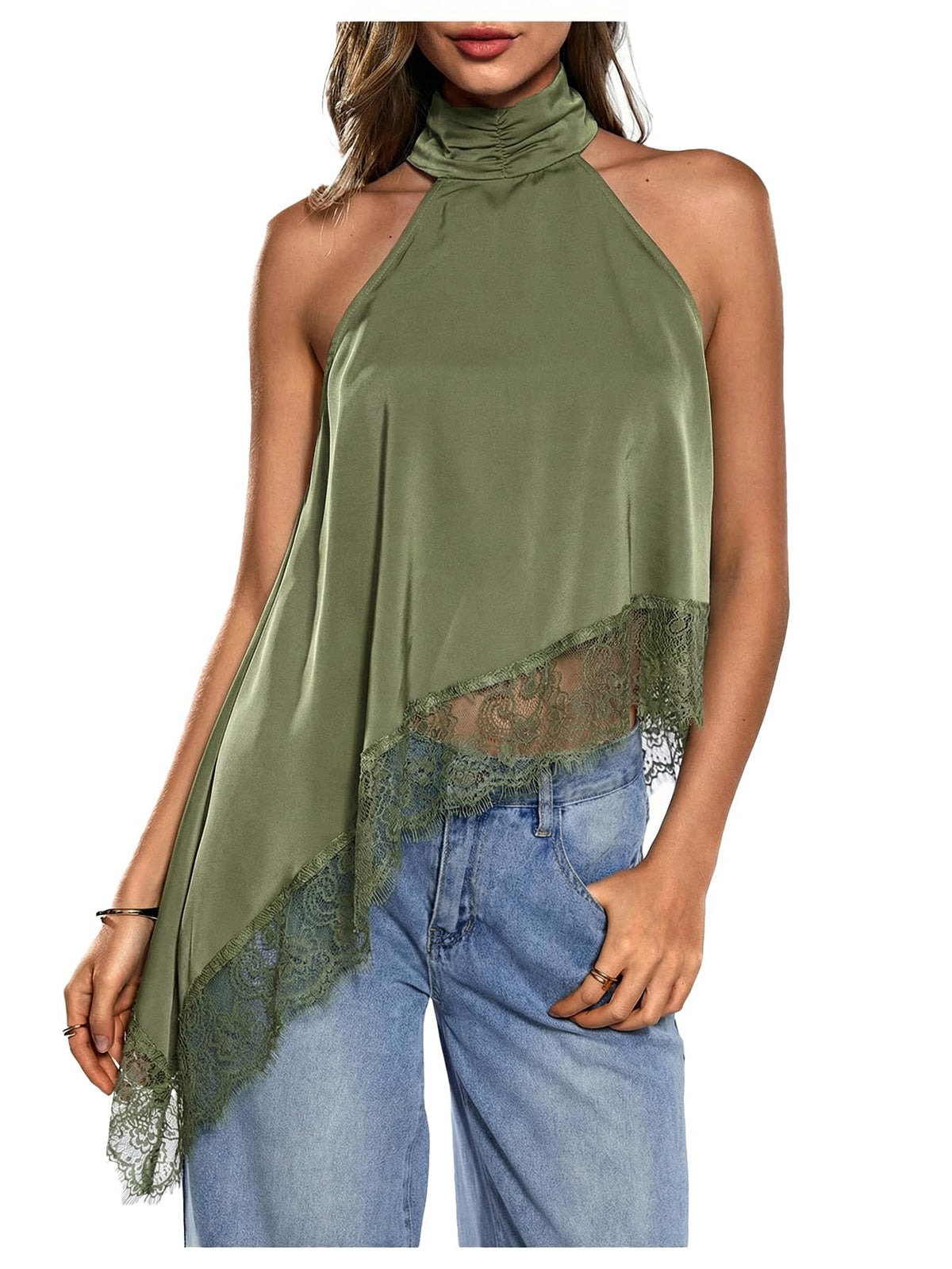 Milumia Women's Halter Neck Top Lace Asymmetrical Hem Going Out Tank Tops