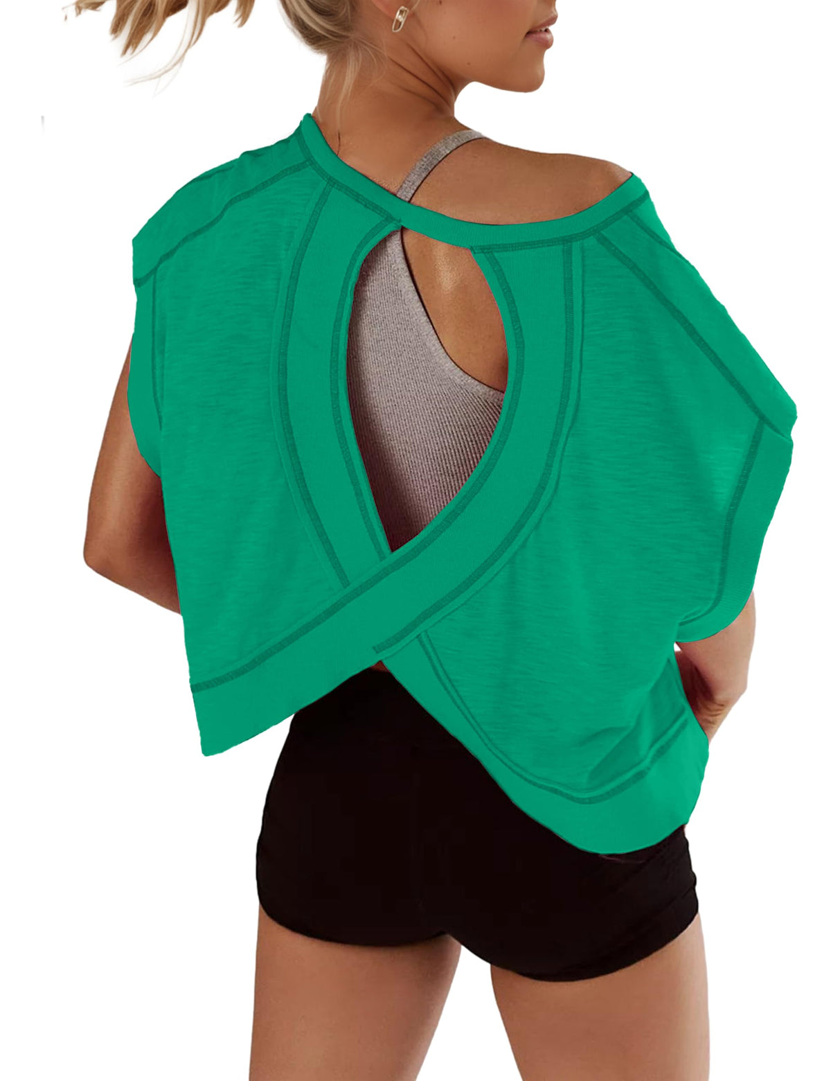 Open Back Tops for Women Oversized Short Sleeve Workout T Shirts Backless Y2k Athletic Crop Running Tees