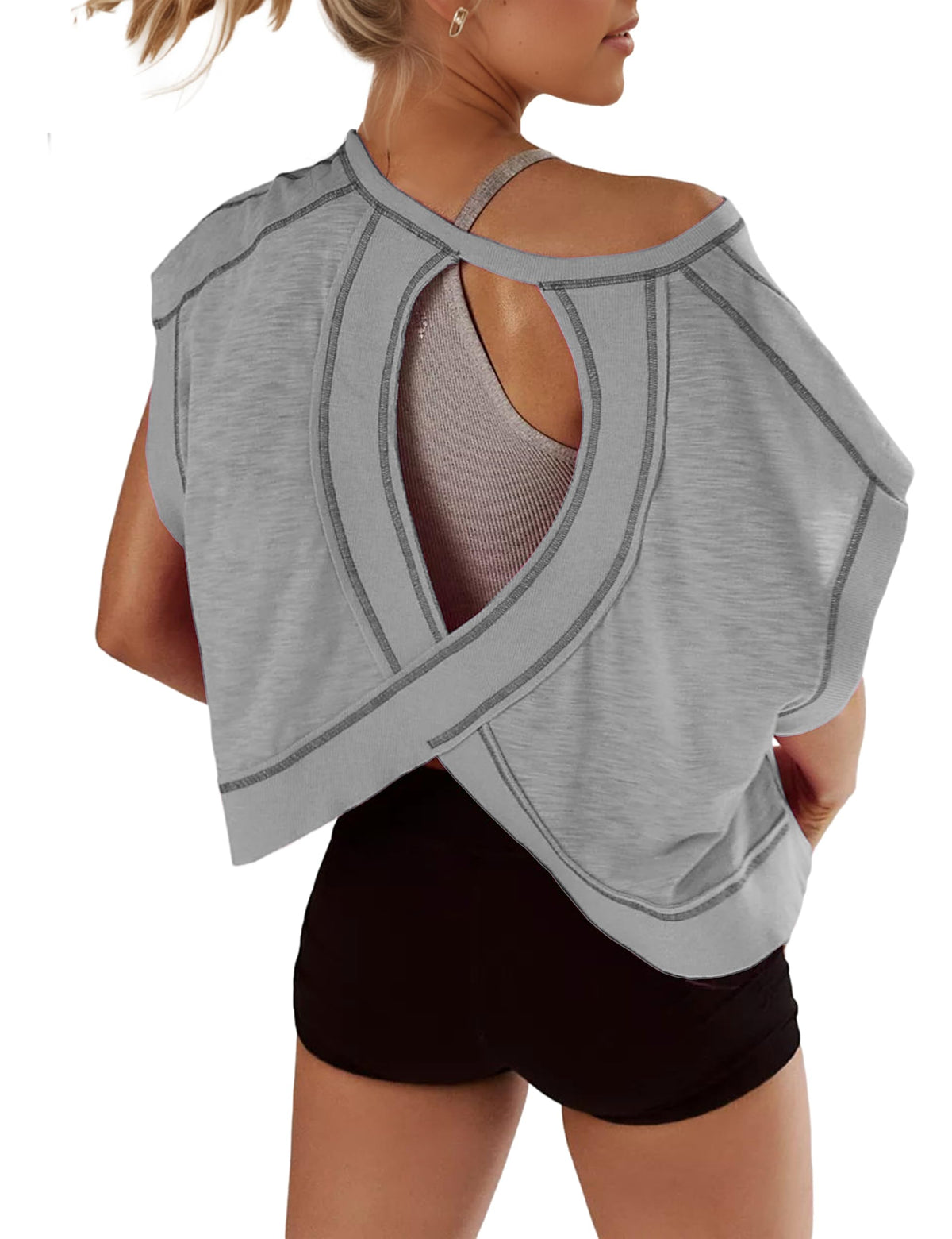 Open Back Tops for Women Oversized Short Sleeve Workout T Shirts Backless Y2k Athletic Crop Running Tees